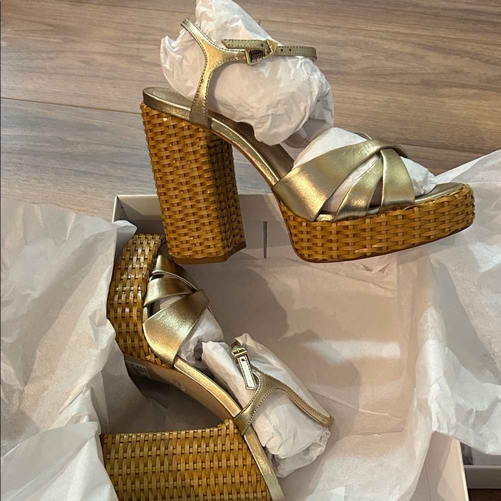 SCHUTZ Metallic Gold Keefa Straw Platform Sandals size 10